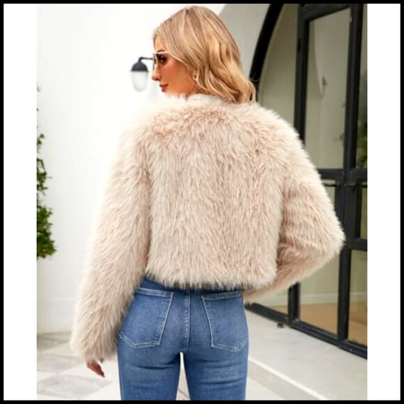 Cropped Faux Fur Jacket Long Sleeve Open Front Chic Winter Coat Y2K - Picture 3 of 7